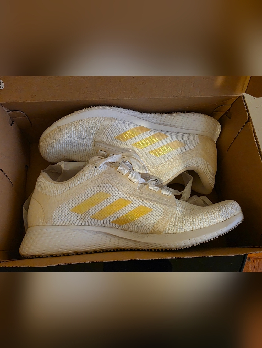Adidas White Knit Trainers with Yellow Three-Stripes